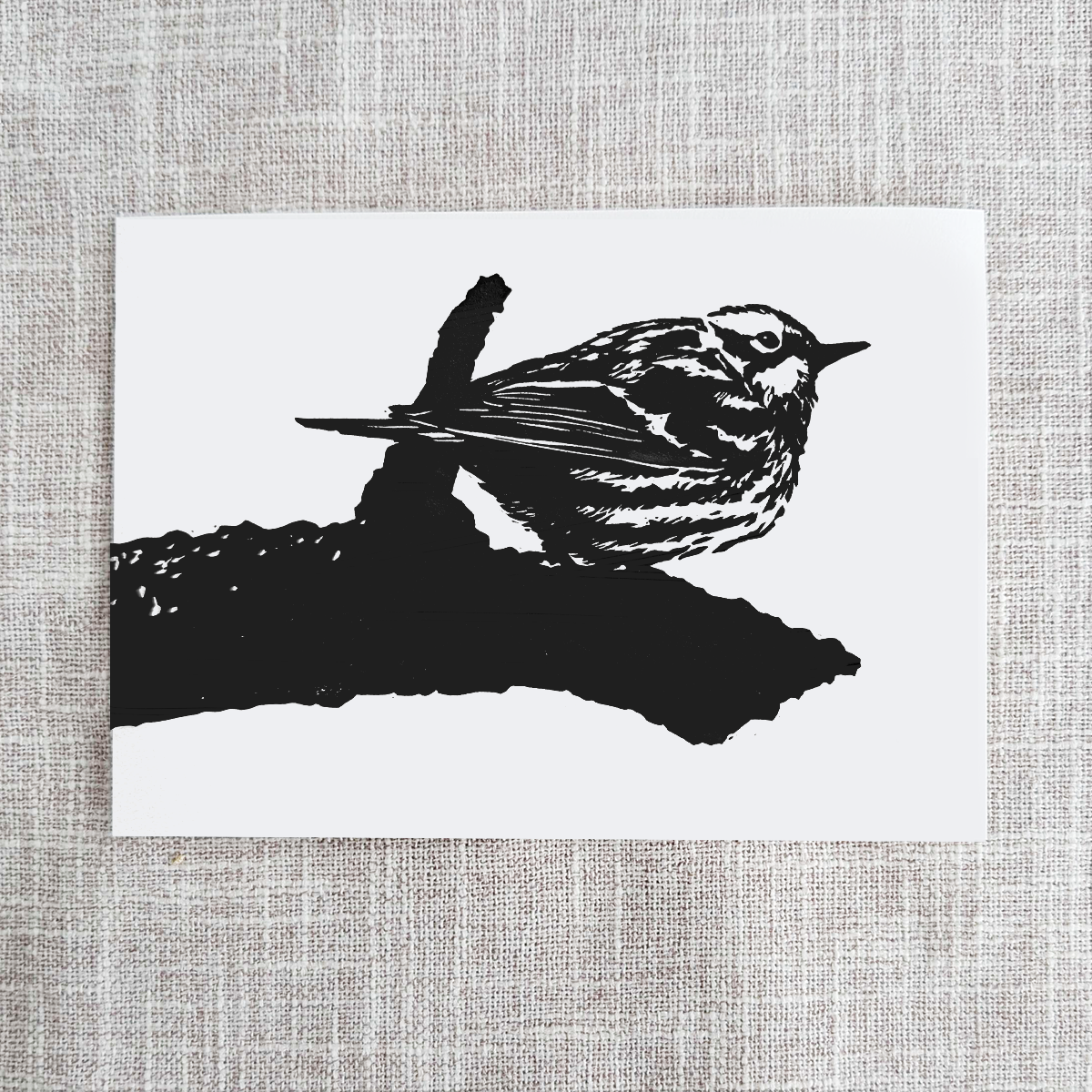 Handmade Black-and-white Warbler Block Print